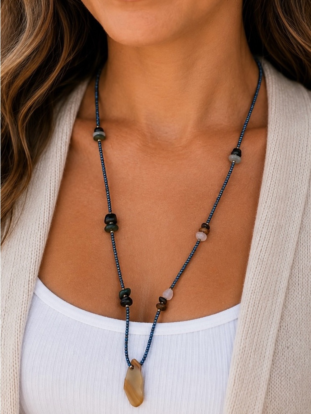Long Blue Beaded Necklace with Brown Agate Pendant